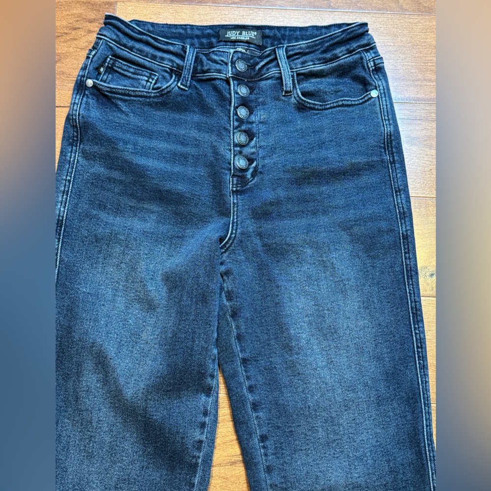 JUDY BLUE High Waist Button-Fly Destroy Hem Straight Denim Jeans - Picture 6 of 15
